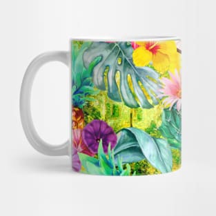 tropical pineapple exotic botanical illustration with floral tropical fruits, botanical pattern. yellow fruit pattern over a Mug